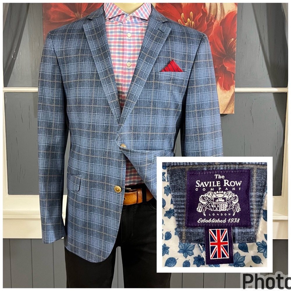 The Savile Row Co. Blazer Mens 46R Poly/Spandex Blue Jacket Sport Coat Stretch